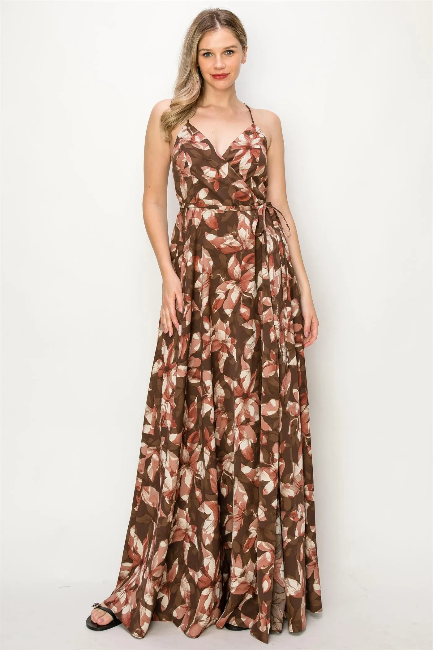 OL24A137-FLORAL SLEEVELESS WRAP MAXI DRESS