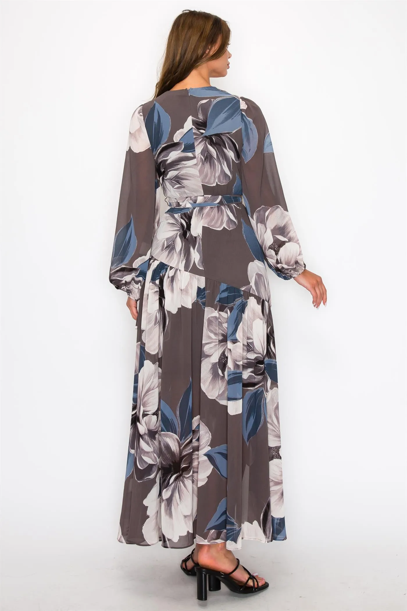 OL24A155-5-CHIFFON FLORAL LONG SLEEVE WRAP V-NECK MAXI DRESS