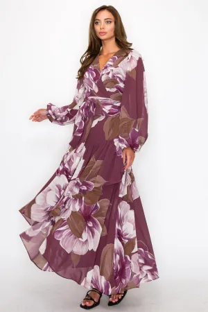 OL24A155-5-CHIFFON FLORAL LONG SLEEVE WRAP V-NECK MAXI DRESS