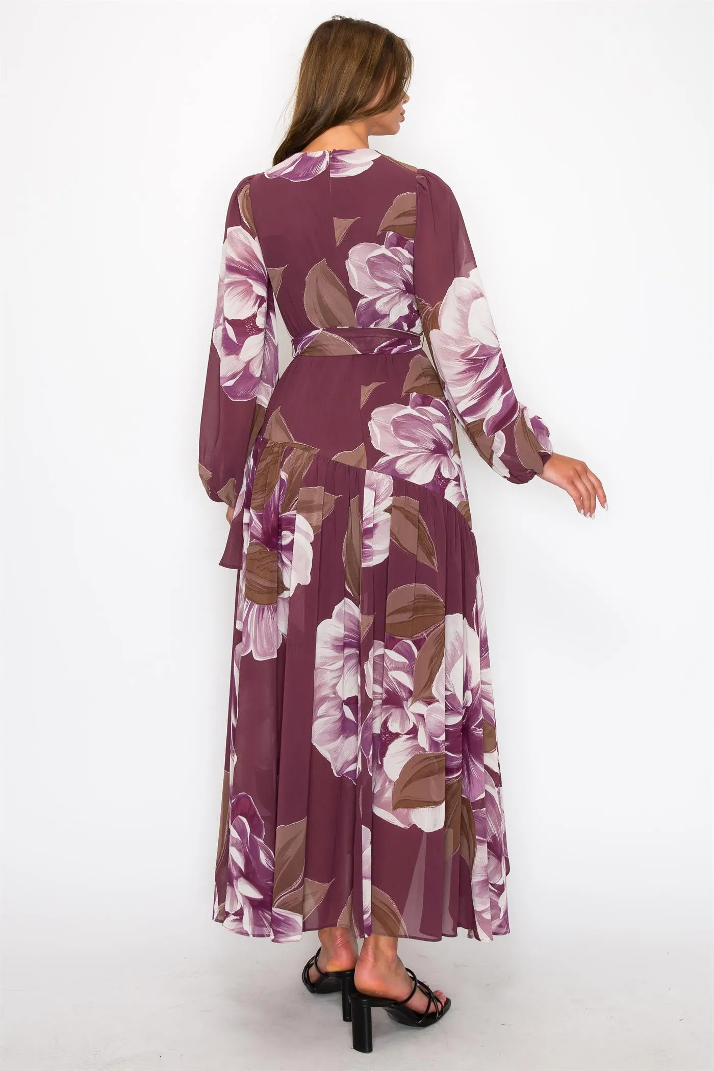 OL24A155-5-CHIFFON FLORAL LONG SLEEVE WRAP V-NECK MAXI DRESS