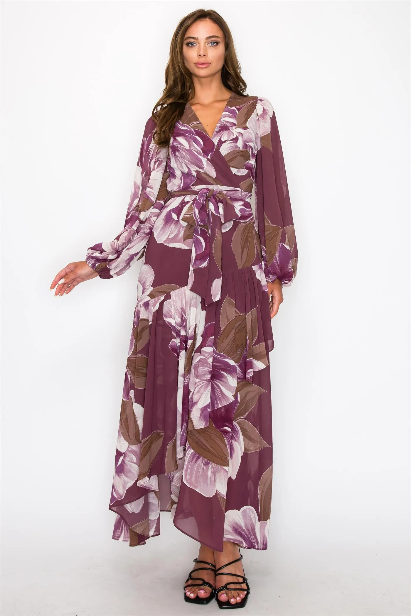 OL24A155-5-CHIFFON FLORAL LONG SLEEVE WRAP V-NECK MAXI DRESS