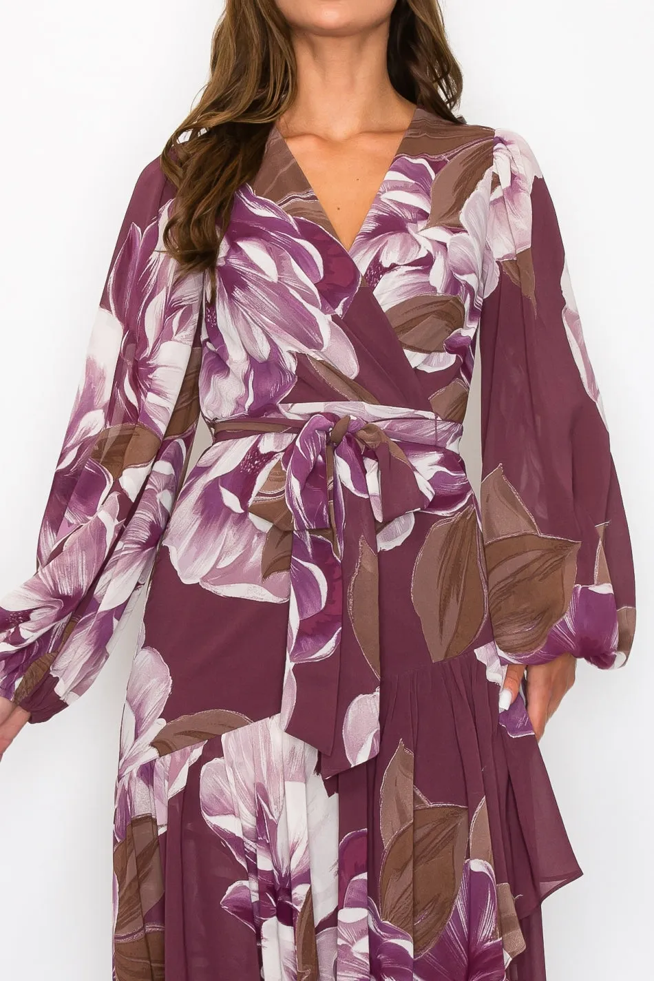 OL24A155-5-CHIFFON FLORAL LONG SLEEVE WRAP V-NECK MAXI DRESS