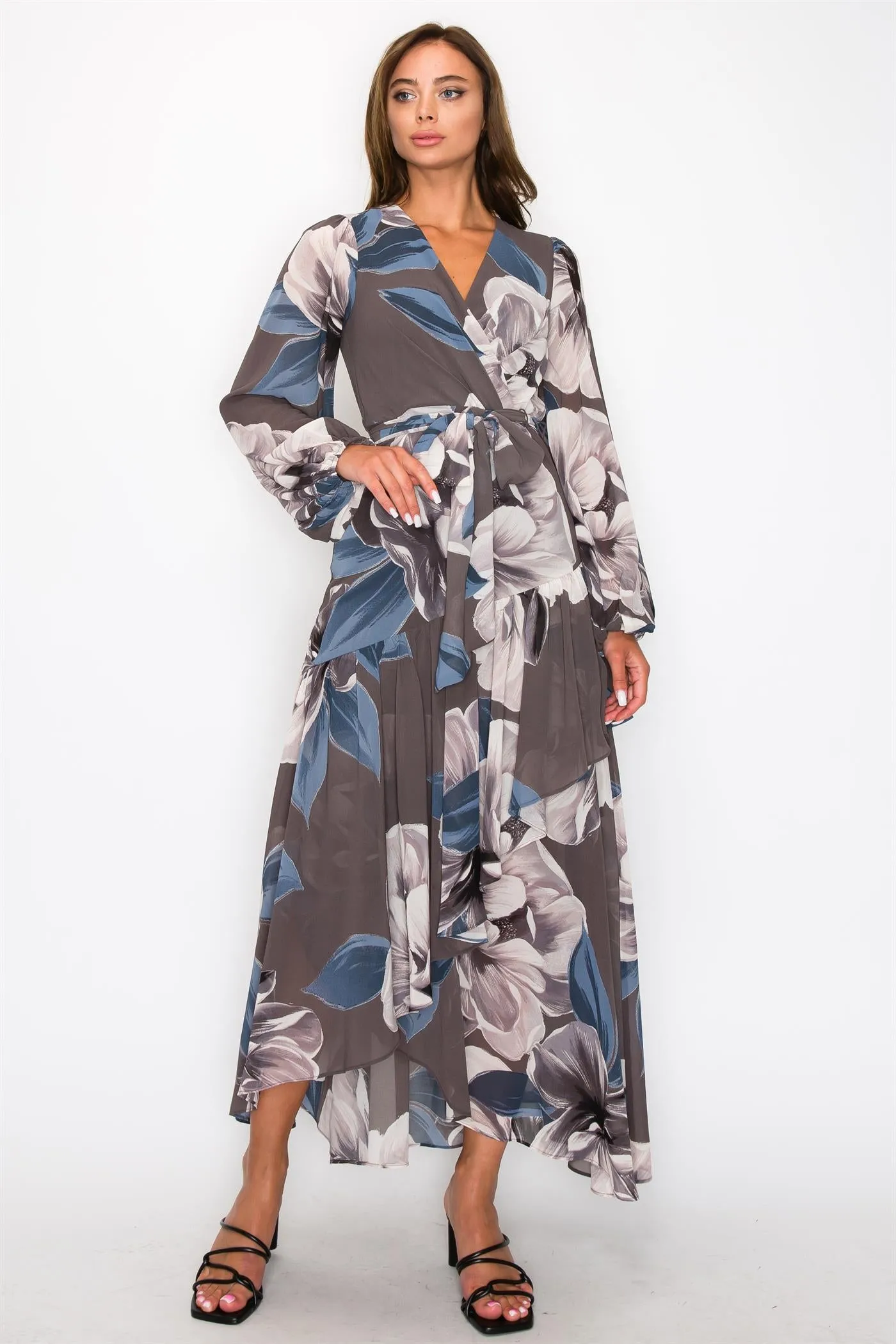 OL24A155-5-CHIFFON FLORAL LONG SLEEVE WRAP V-NECK MAXI DRESS