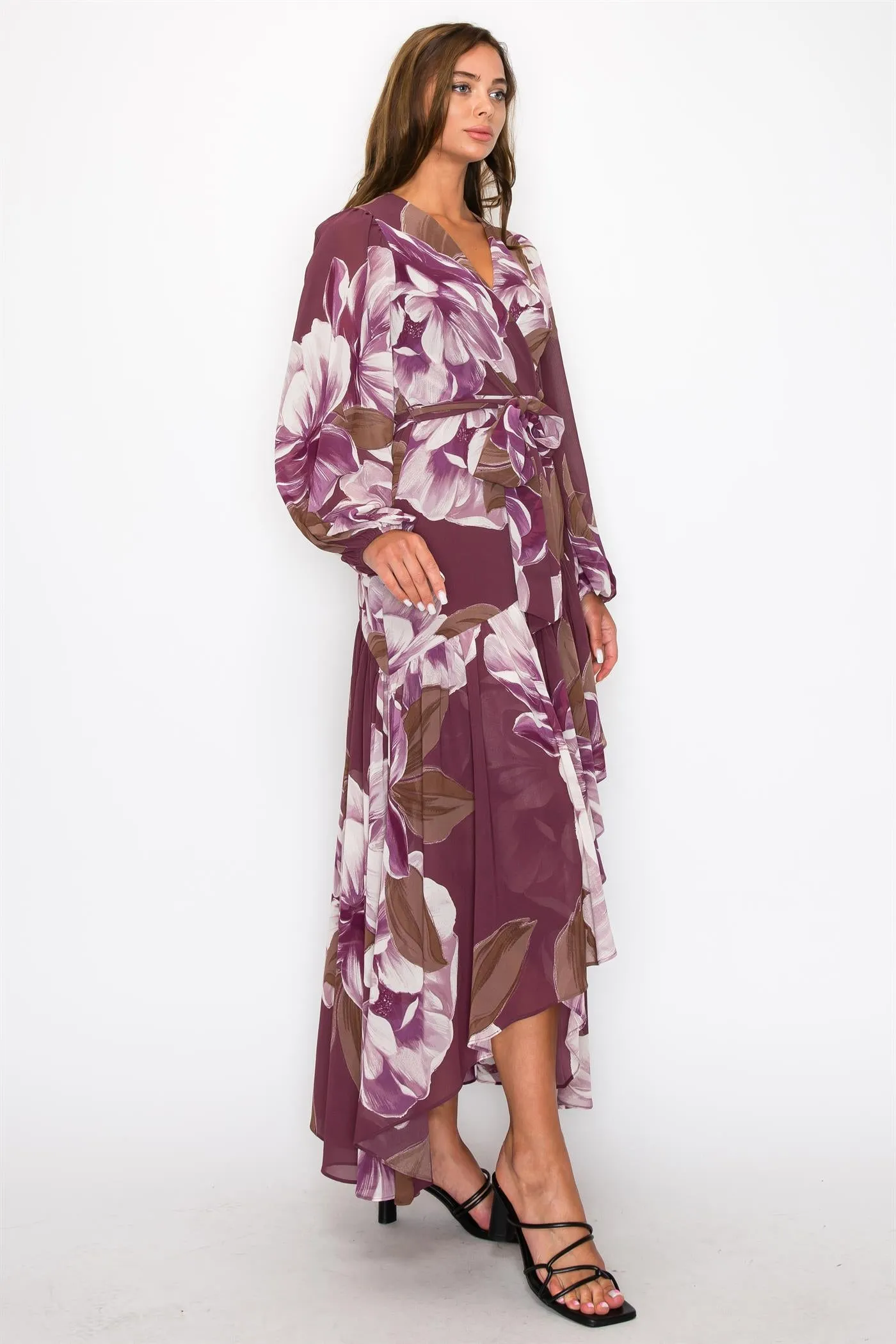 OL24A155-5-CHIFFON FLORAL LONG SLEEVE WRAP V-NECK MAXI DRESS