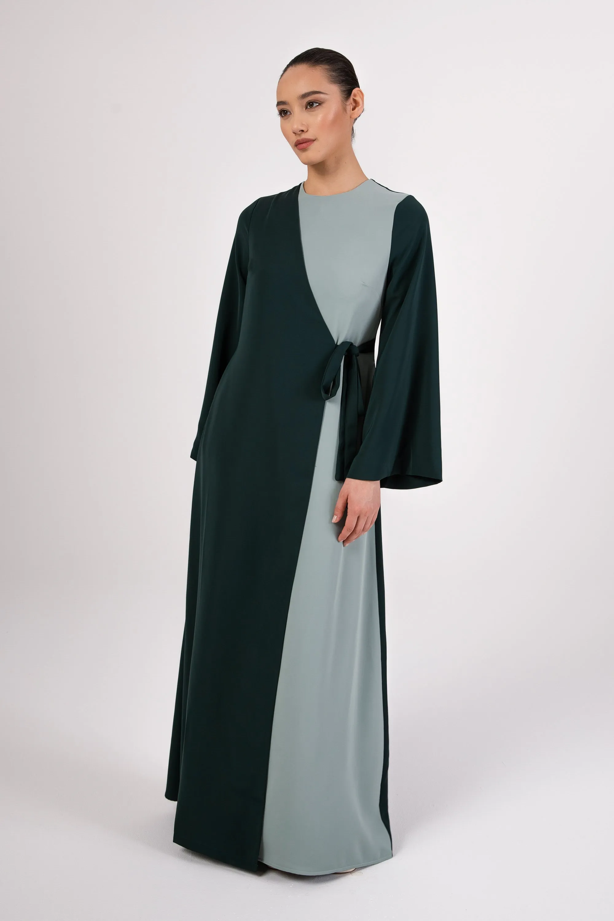 Omaya Two Tone Wrap Front Maxi Dress - Emerald