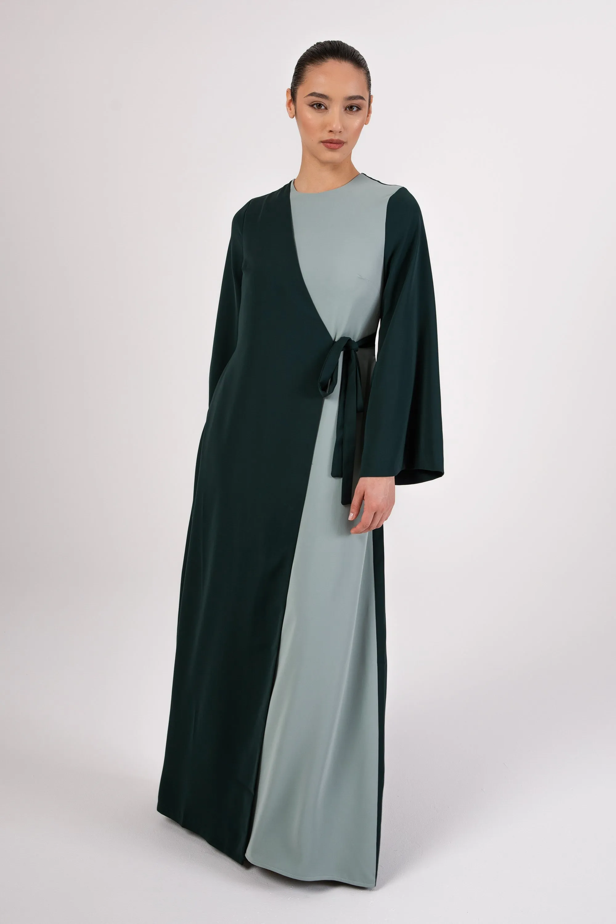 Omaya Two Tone Wrap Front Maxi Dress - Emerald