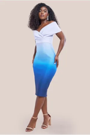 Ombre Front Wrap Bardot Midi Dress - Light Blue by Goddiva