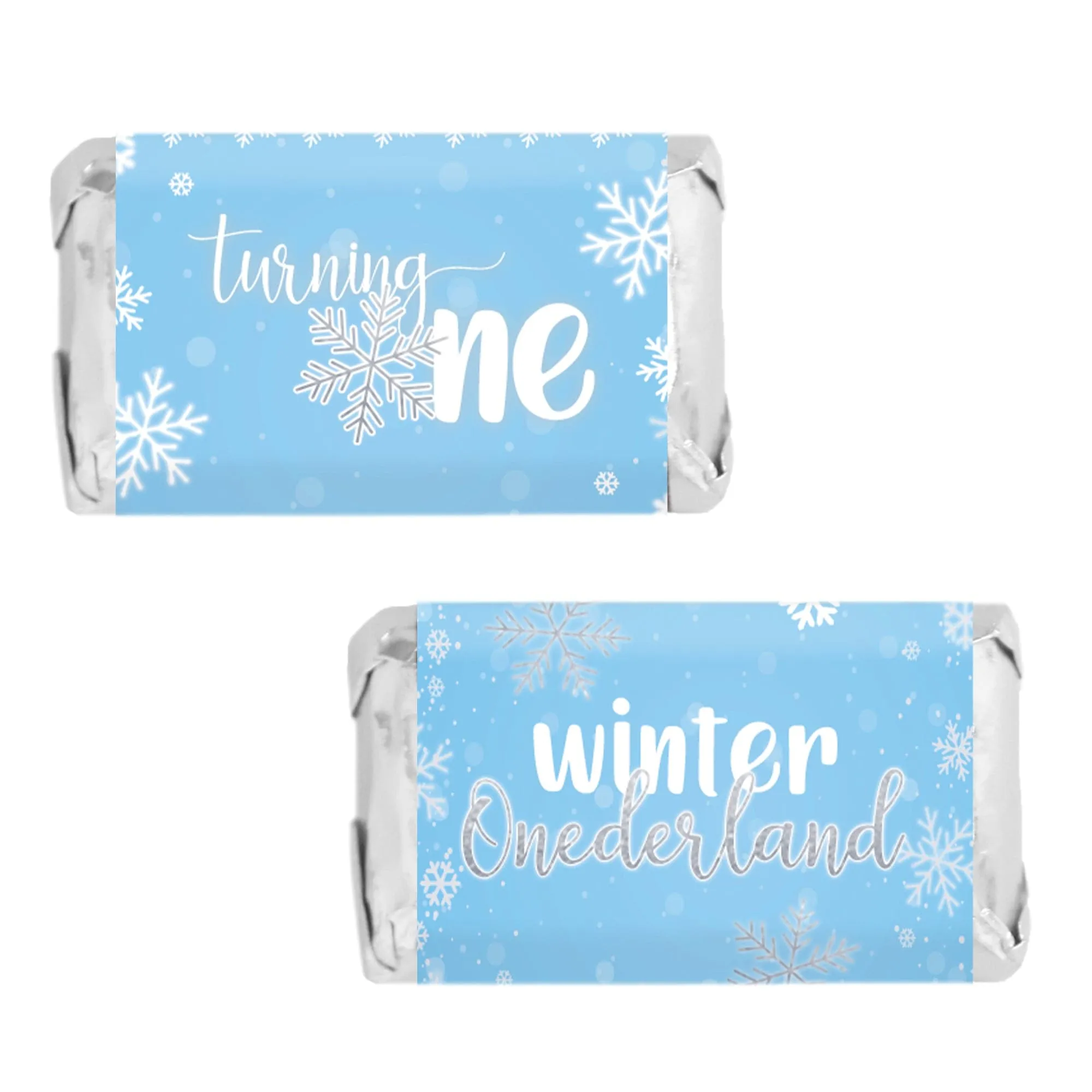 Onederland Snowflake: Blue - Winter First Birthday - Hershey's Miniatures Candy Bar Wrappers Stickers - 45 Stickers