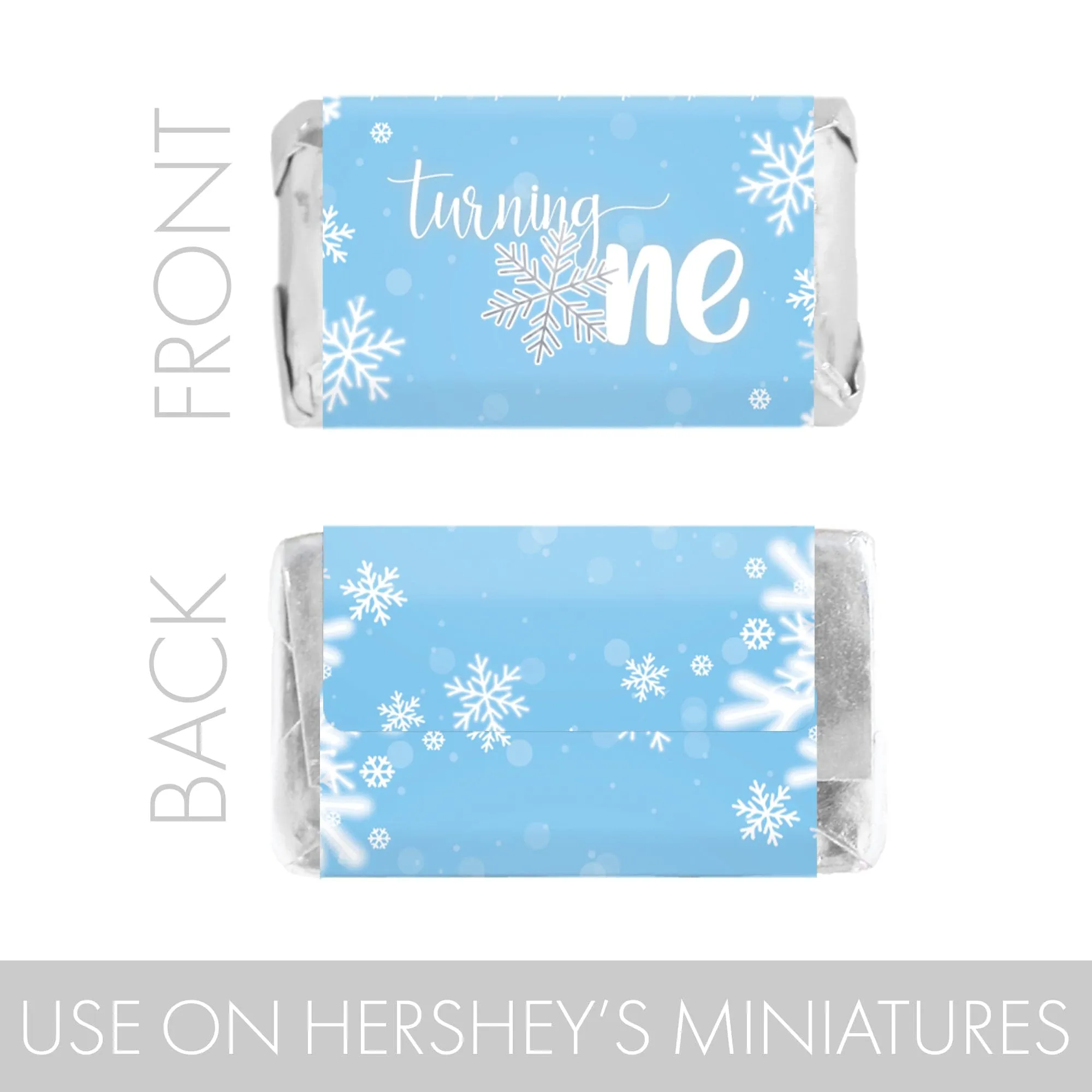 Onederland Snowflake: Blue - Winter First Birthday - Hershey's Miniatures Candy Bar Wrappers Stickers - 45 Stickers