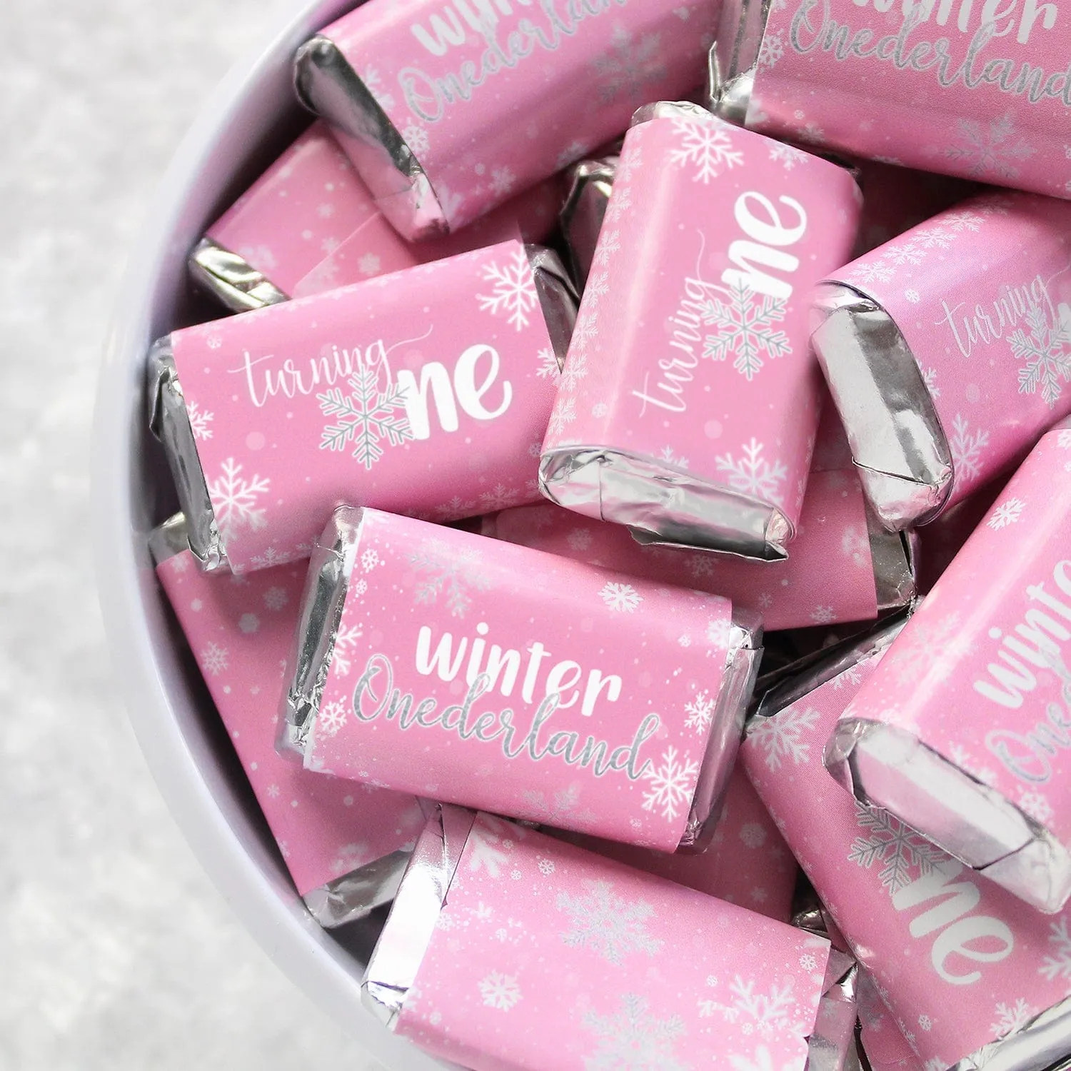 Onederland Snowflake: Pink - Winter First Birthday - Hershey's Miniatures Candy Bar Wrappers - 45 Stickers