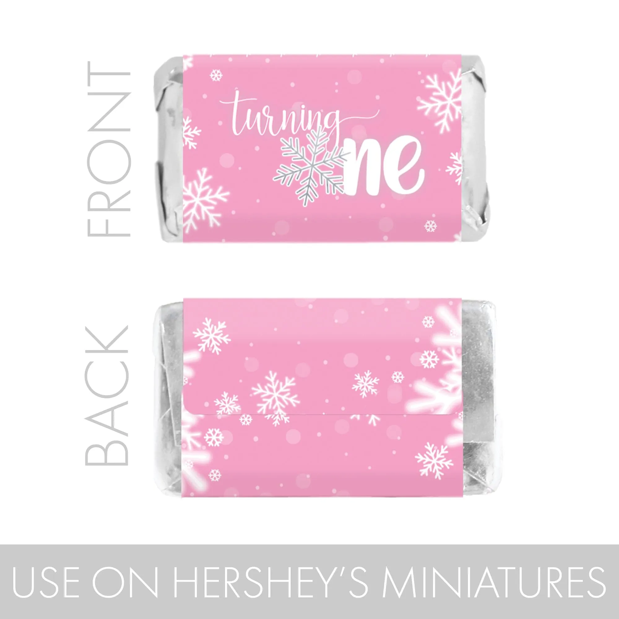 Onederland Snowflake: Pink - Winter First Birthday - Hershey's Miniatures Candy Bar Wrappers - 45 Stickers