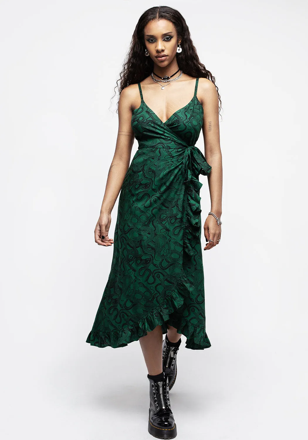 Ophidia Snake Print Cami Midaxi Wrap Dress - Green