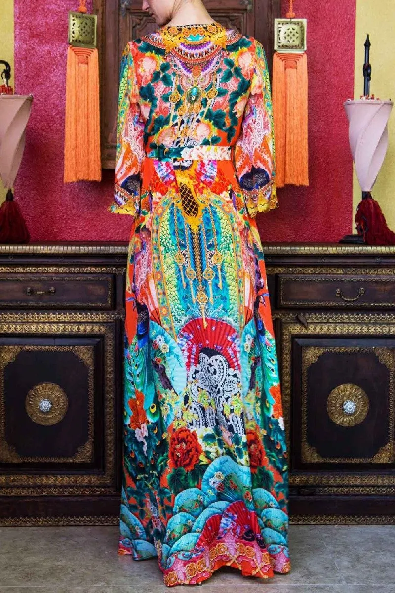 Orange Long Silk Wrap Dress