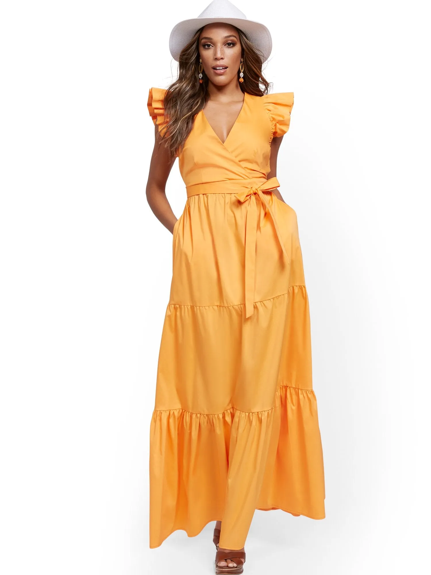 Orange Ruffle-Sleeve Poplin Maxi Dress