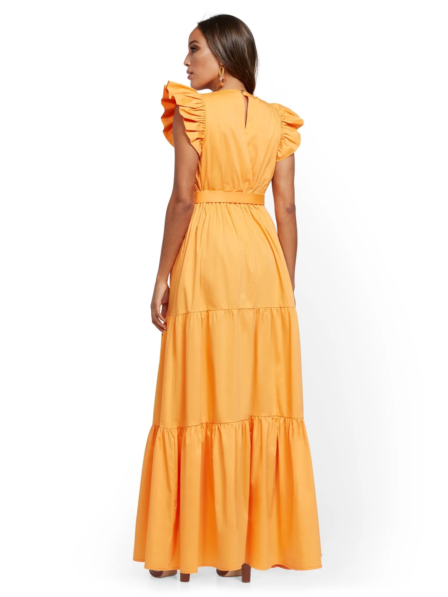 Orange Ruffle-Sleeve Poplin Maxi Dress