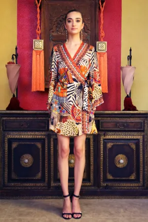 Orange Tribal Short Wrap Dress