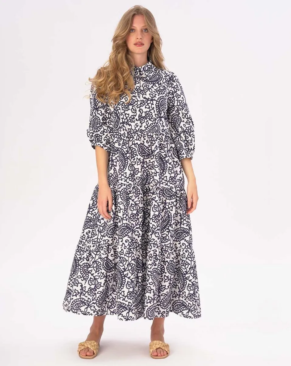 Paisely Floral Tiered Cotton Belted Maxi Shirtdress