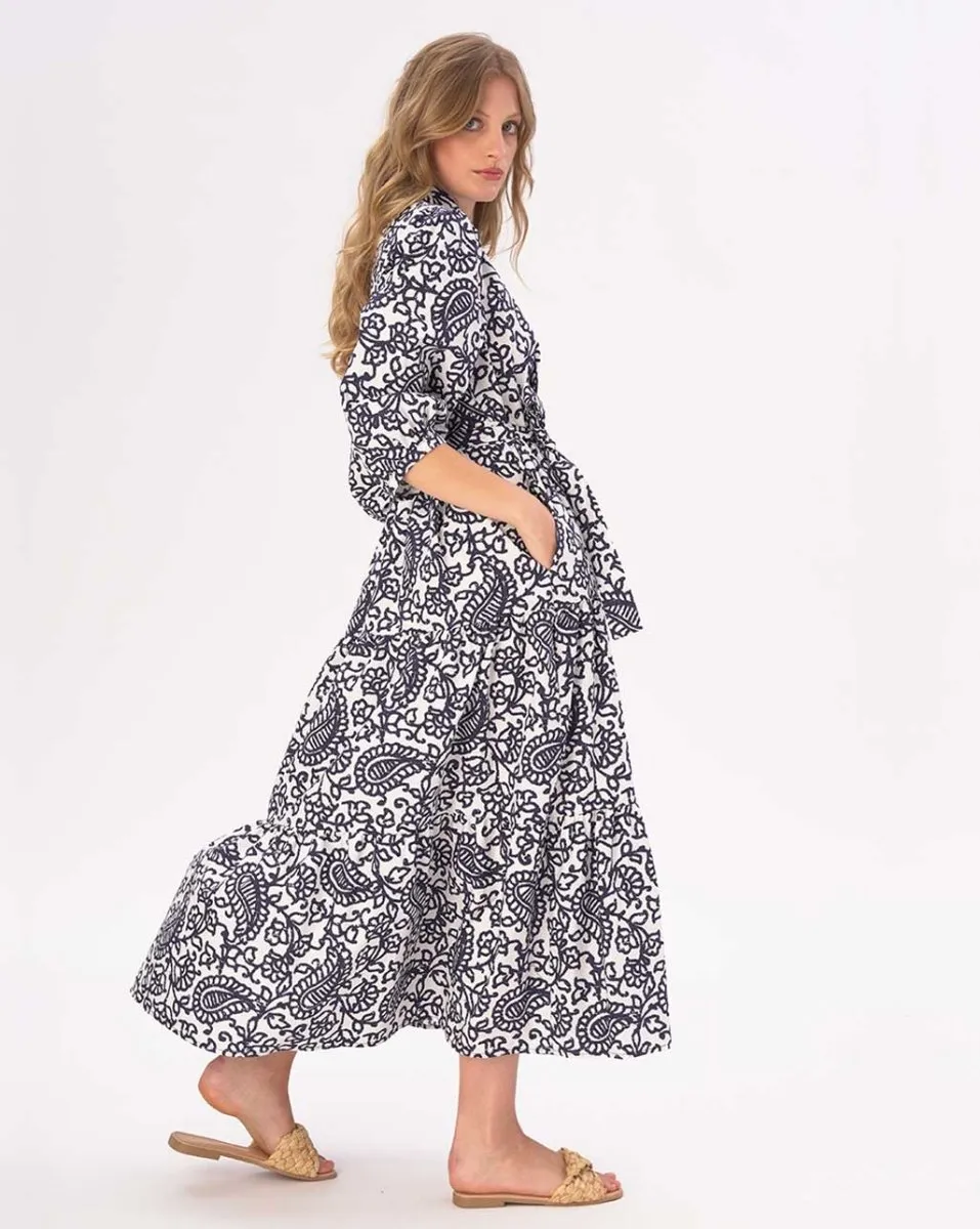 Paisely Floral Tiered Cotton Belted Maxi Shirtdress