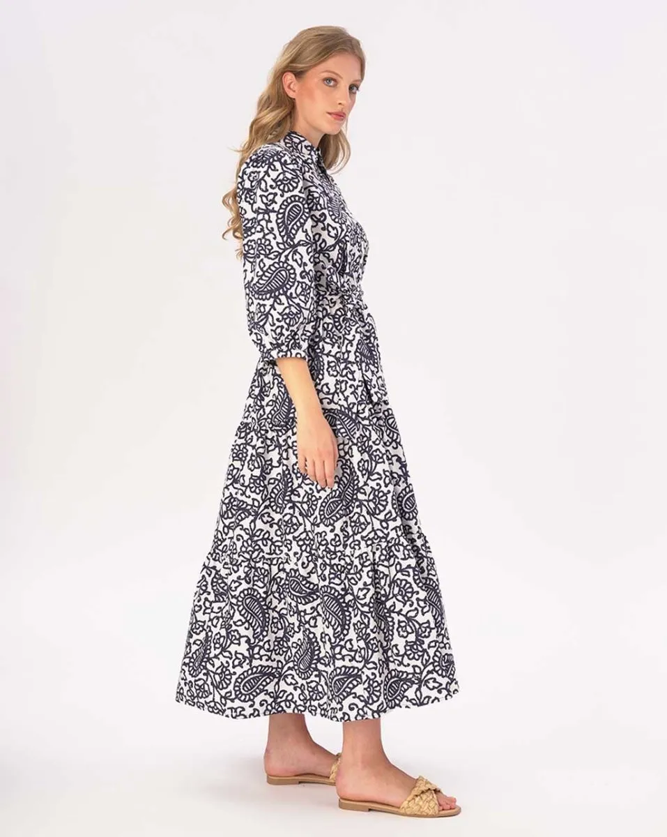 Paisely Floral Tiered Cotton Belted Maxi Shirtdress