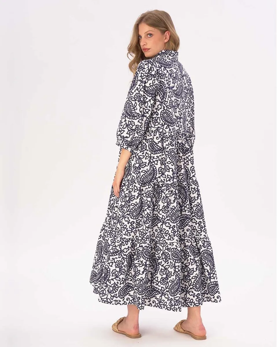 Paisely Floral Tiered Cotton Belted Maxi Shirtdress