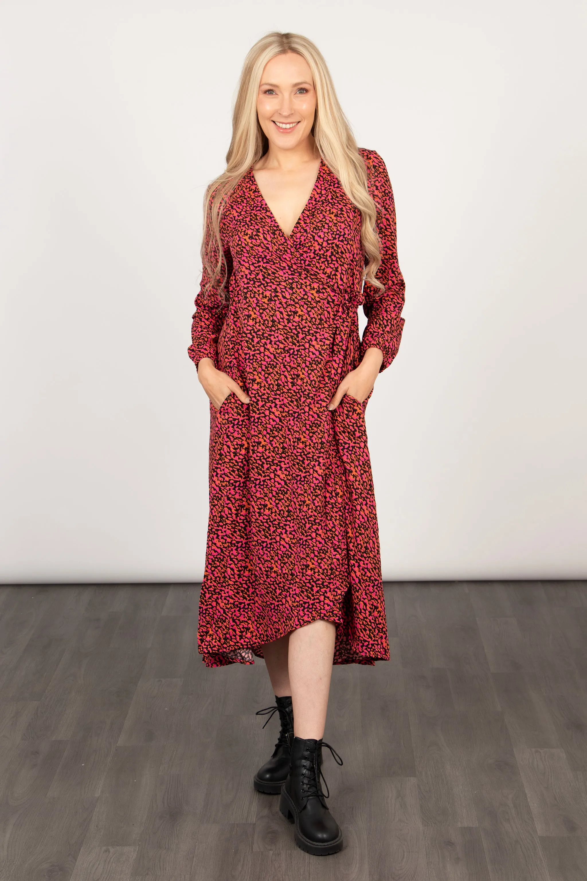 Parker Long Sleeve Wrap Dress - Fuchsia, Abstract Spot