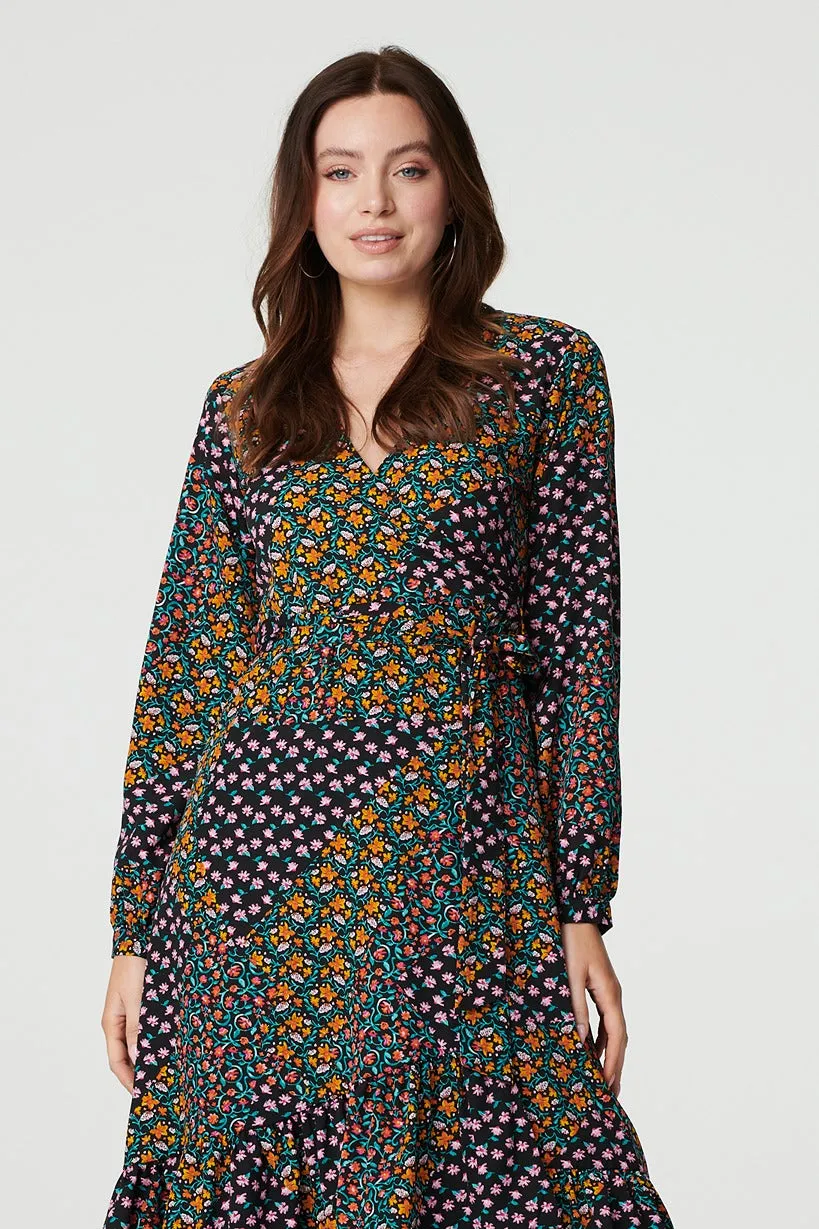 Patchwork Print Ruffled Wrap Dress