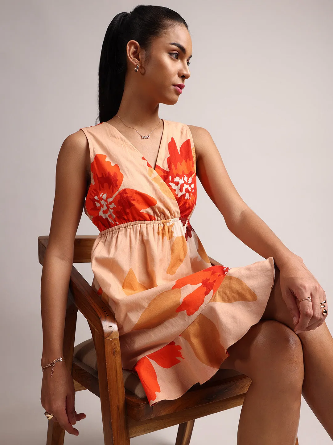 Peach Cotton Floral A-Line Dress  - By Janasya