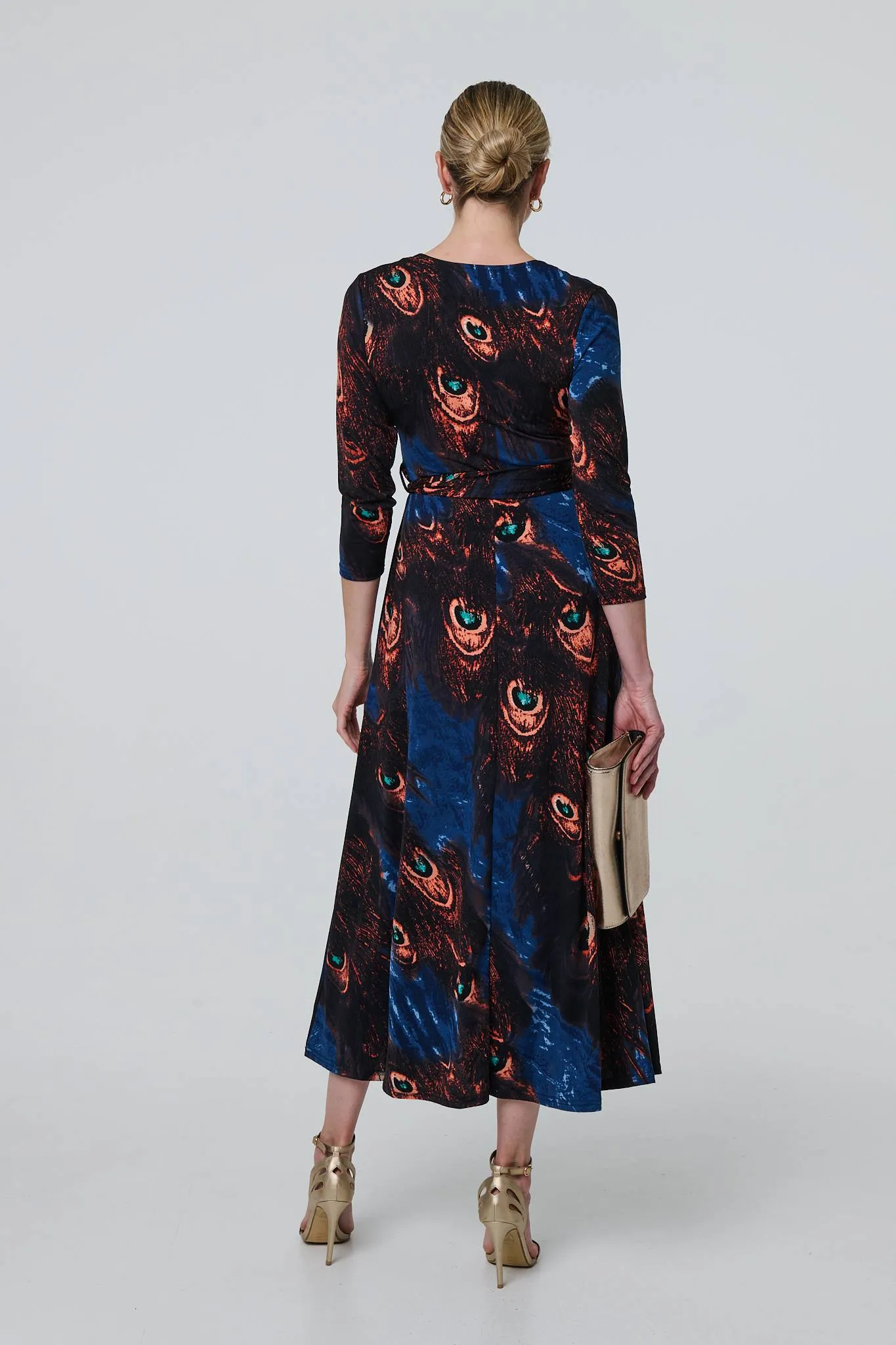 Peacock Print 3/4 Sleeve Wrap Maxi Dress