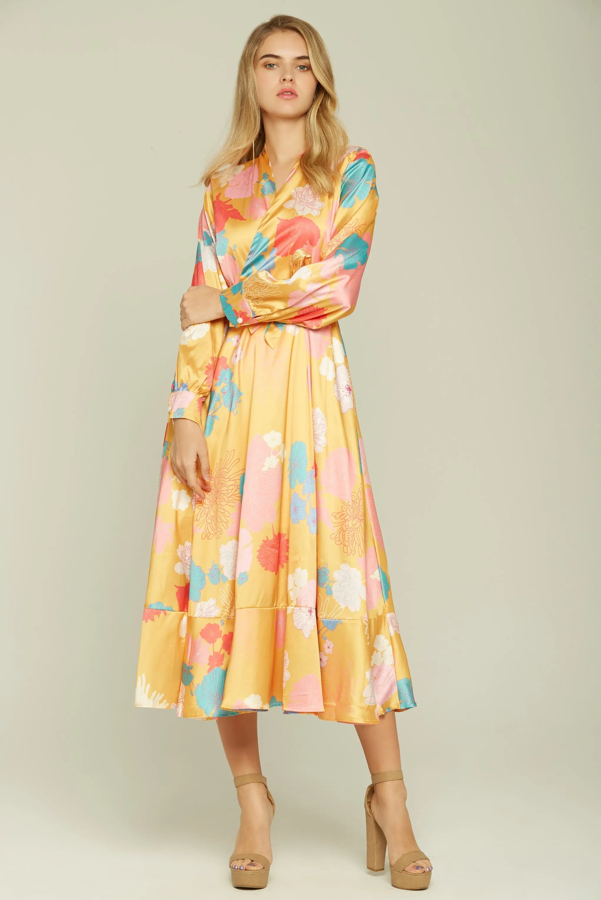 Pineapple Yellow Floral Print Wrap-around Midi Dress