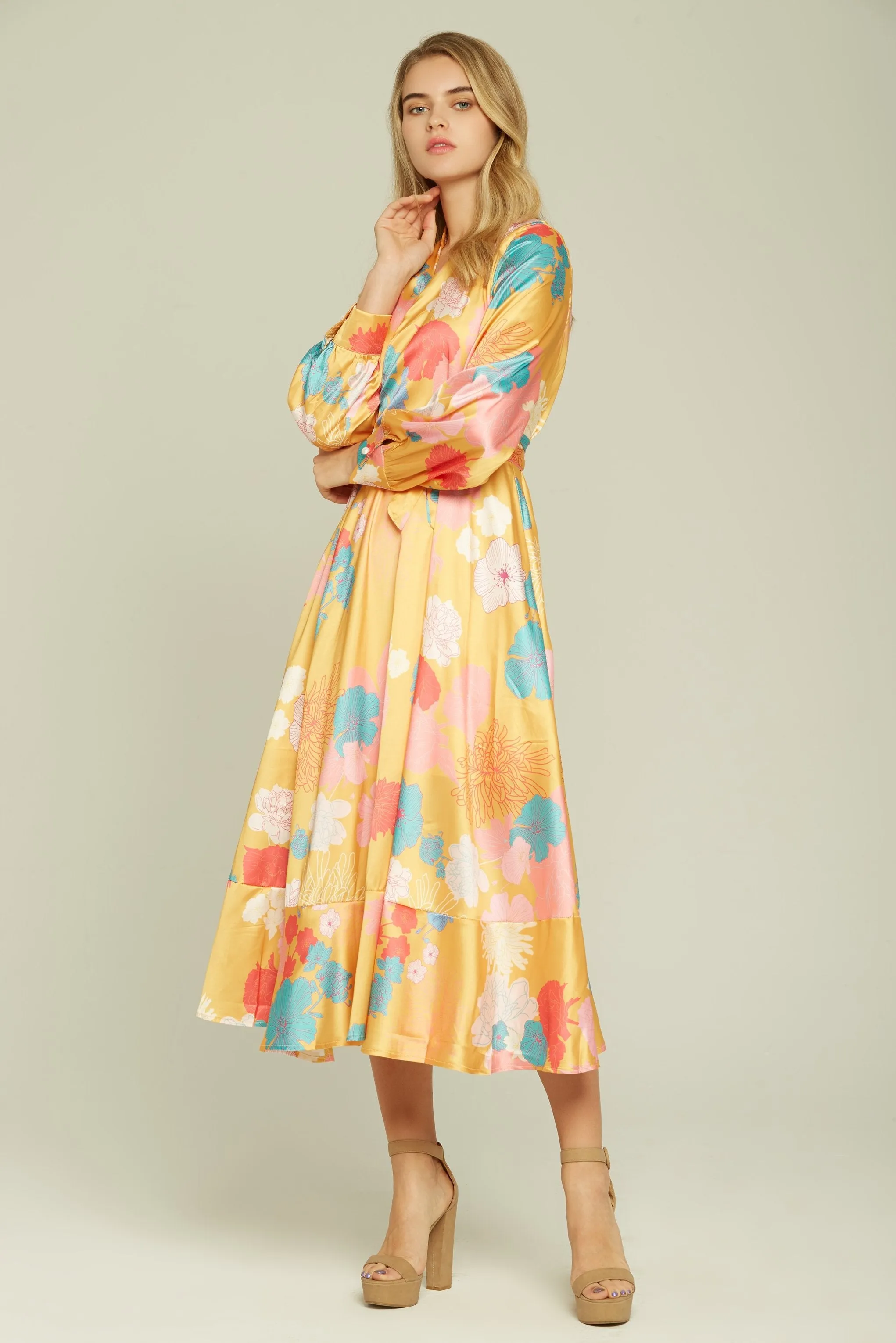 Pineapple Yellow Floral Print Wrap-around Midi Dress