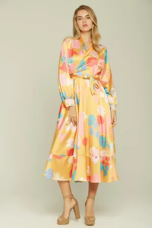 Pineapple Yellow Floral Print Wrap-around Midi Dress