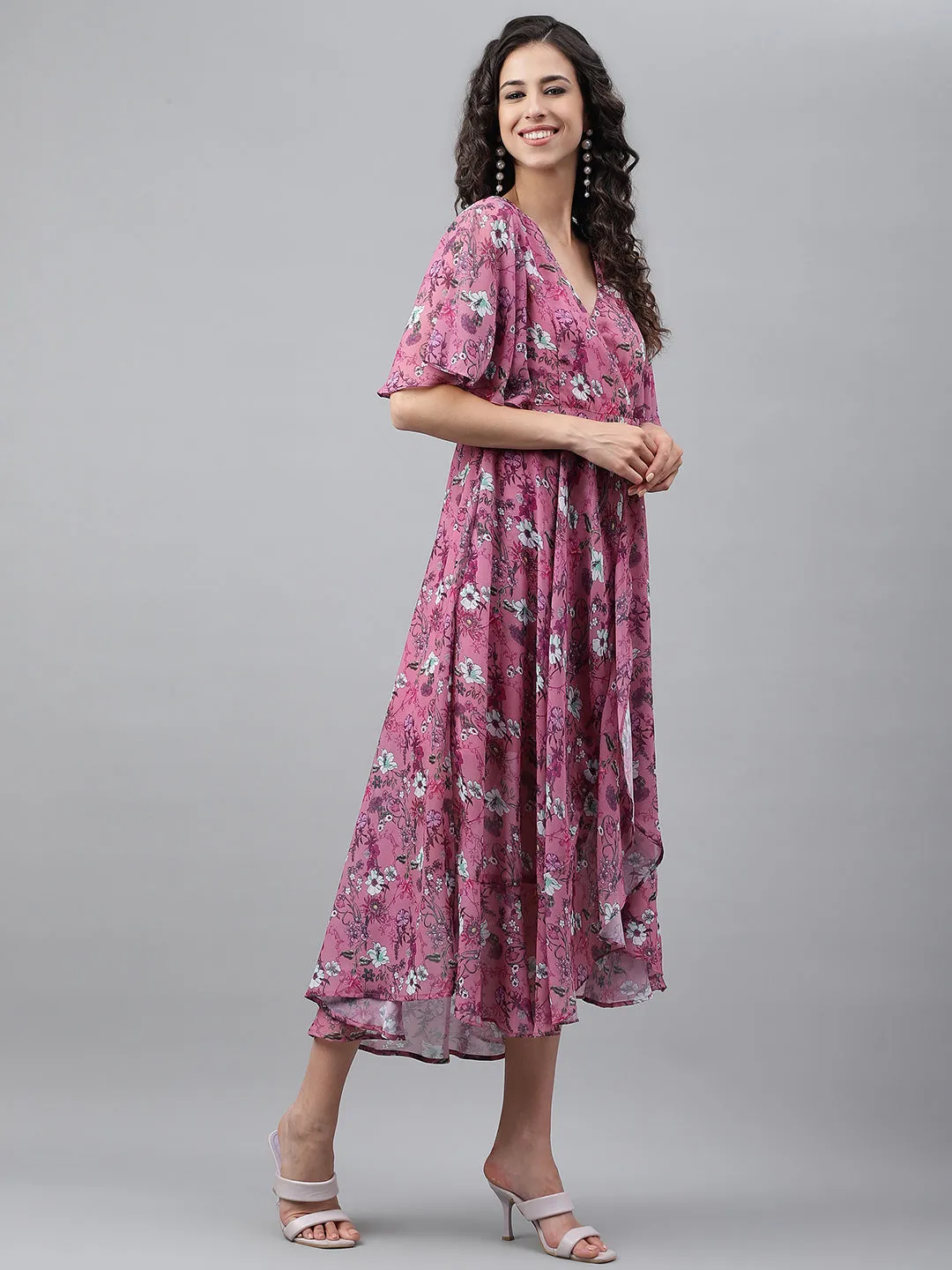 Pink Georgette Digital Printed Wrap Dress