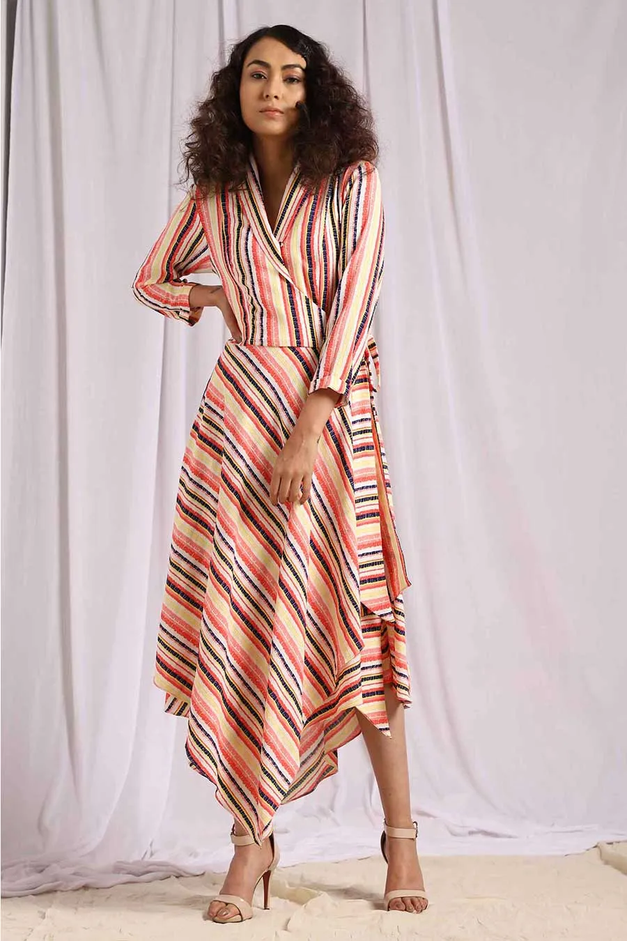 Pink Striped Handkerchief Wrap Dress