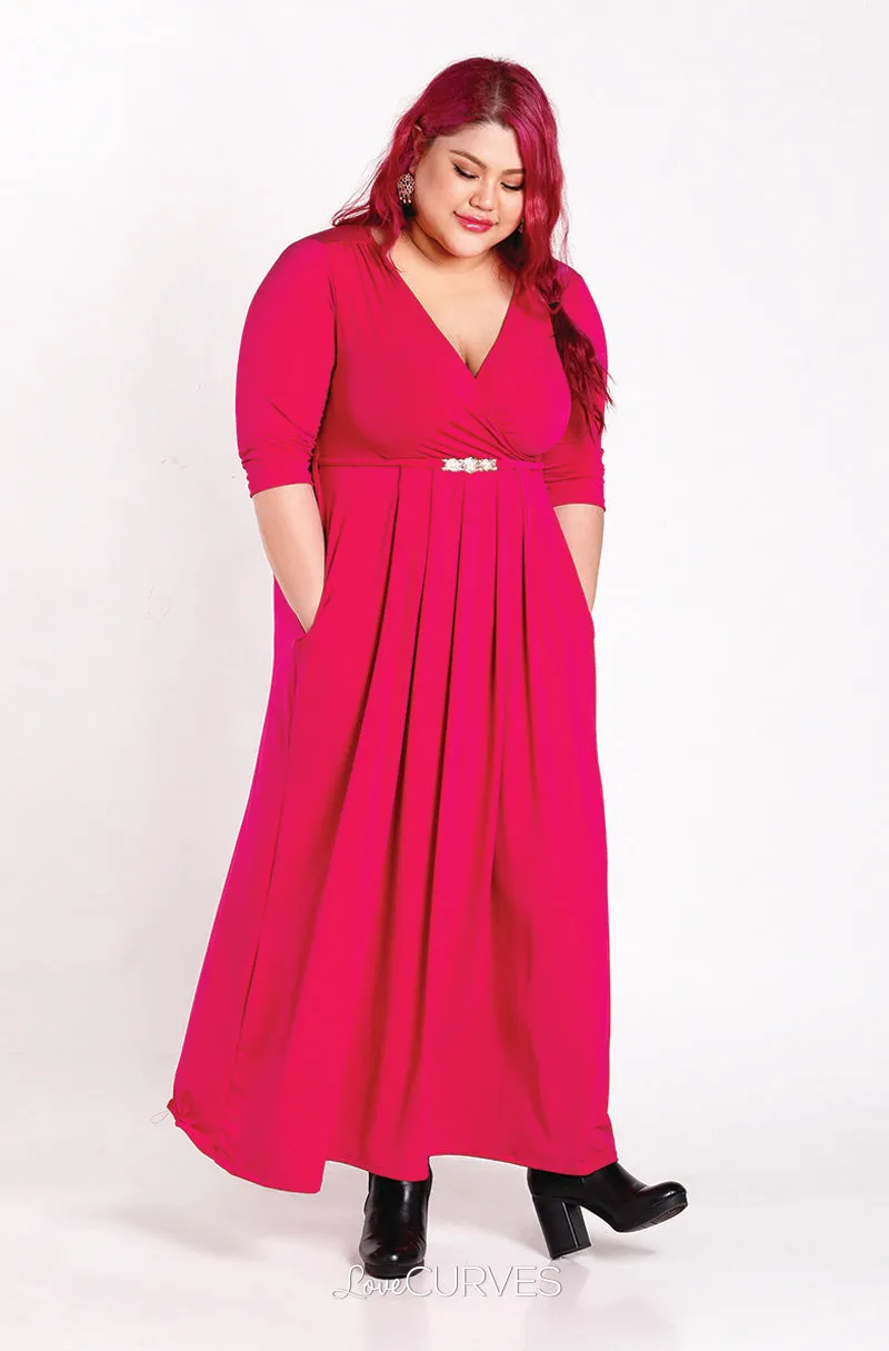 Pleated Wrap Maxi Dress with Charm Belt -Dark Pink - KDR