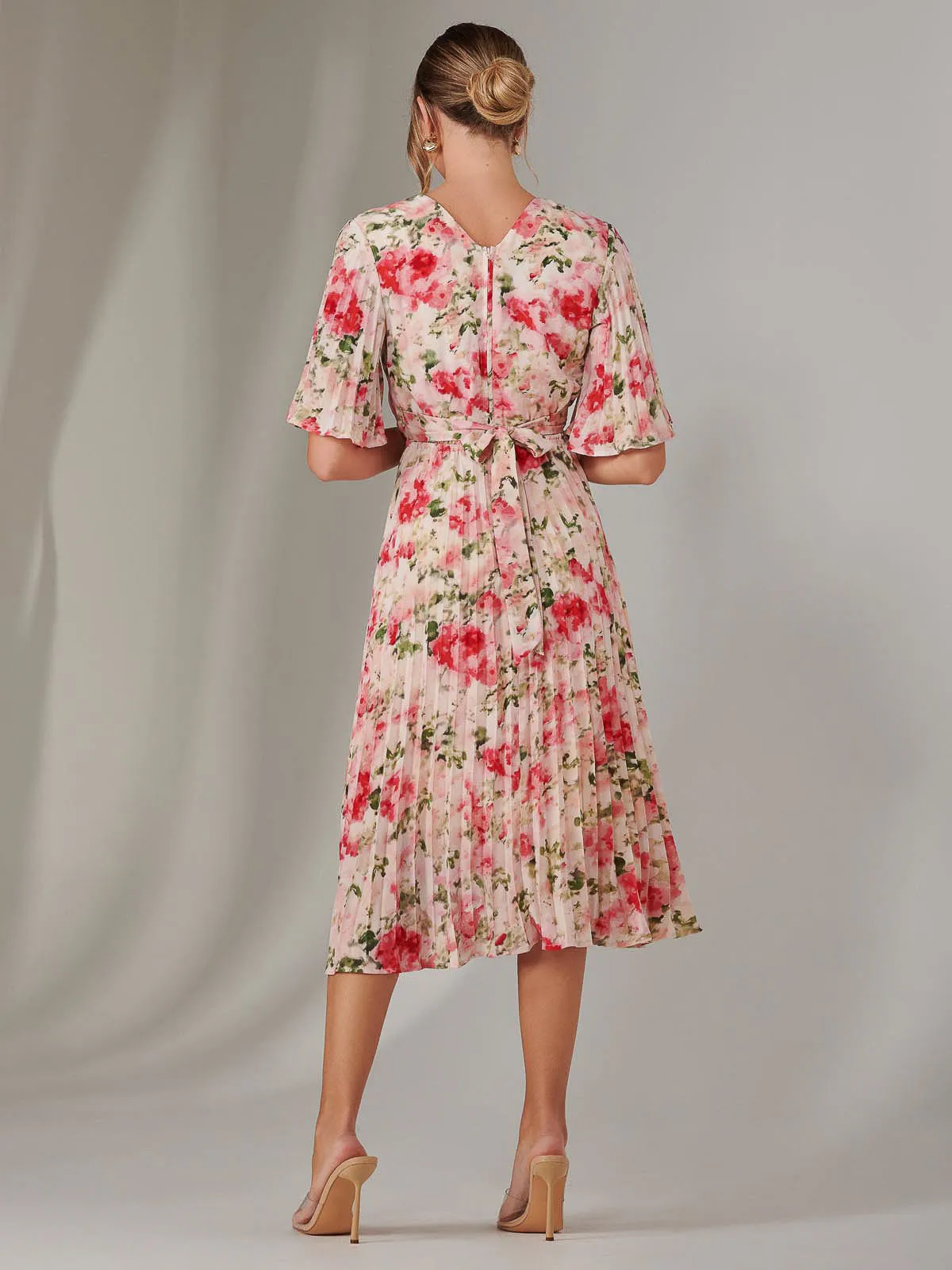 Pleated Wrap Midi Dress, Pink Floral