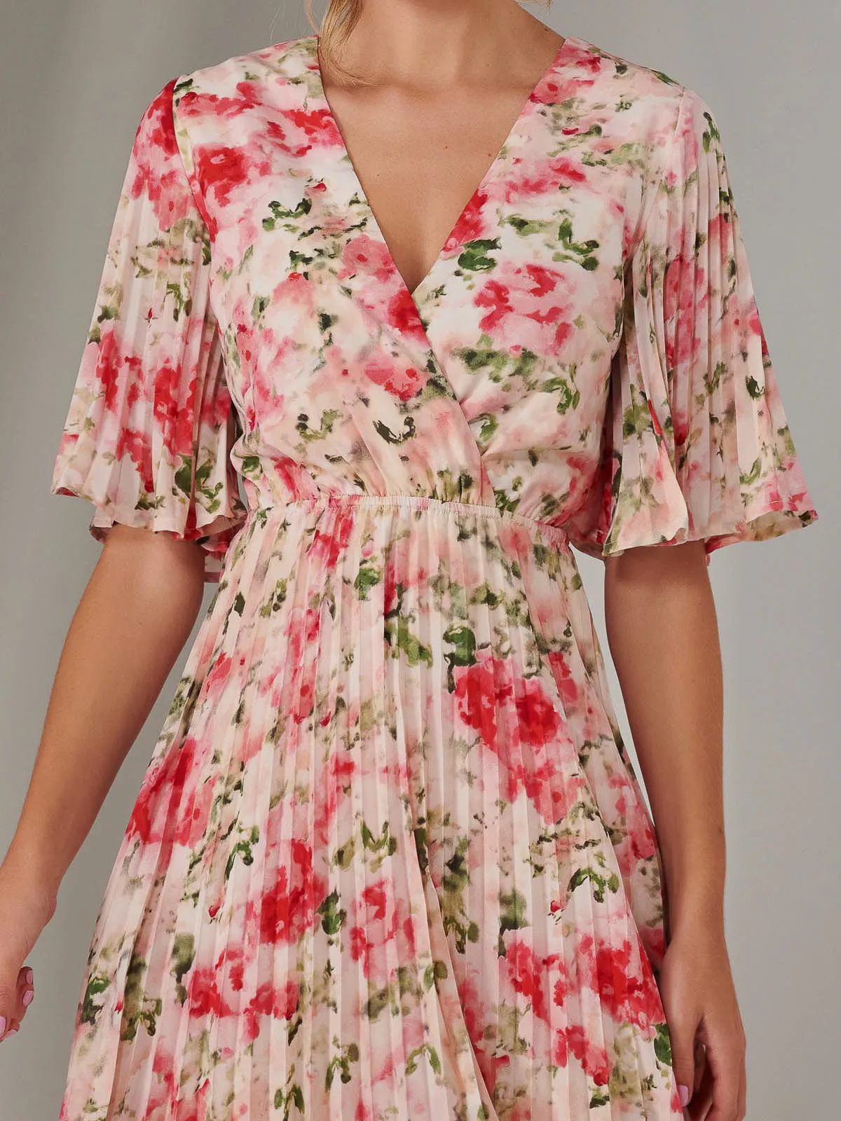 Pleated Wrap Midi Dress, Pink Floral