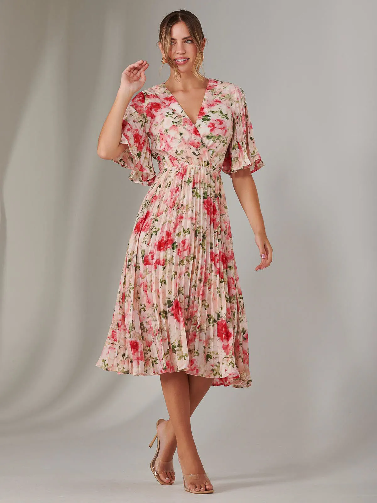 Pleated Wrap Midi Dress, Pink Floral