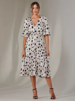 Pleated Wrap Midi Dress, White Polka Dot