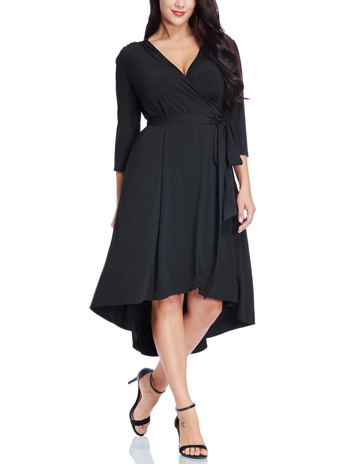 Plus Size Black High-Low Wrap Skater Dress