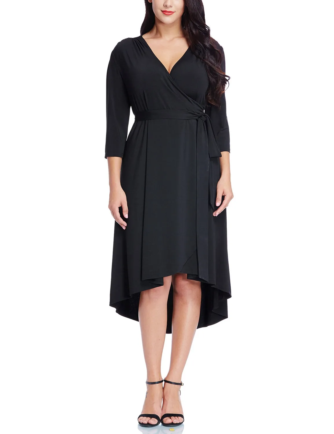 Plus Size Black High-Low Wrap Skater Dress