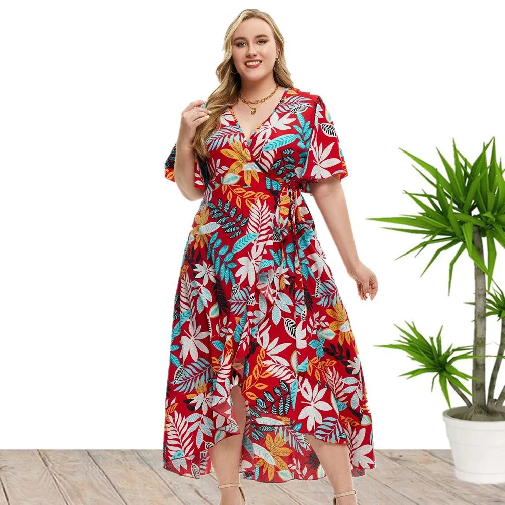 Plus Size Short Sleeve Printed Wrap Dress