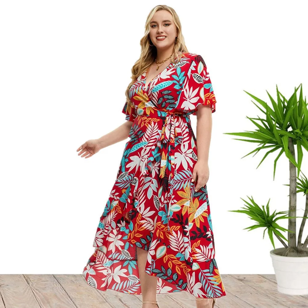 Plus Size Short Sleeve Printed Wrap Dress