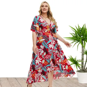 Plus Size Short Sleeve Printed Wrap Dress