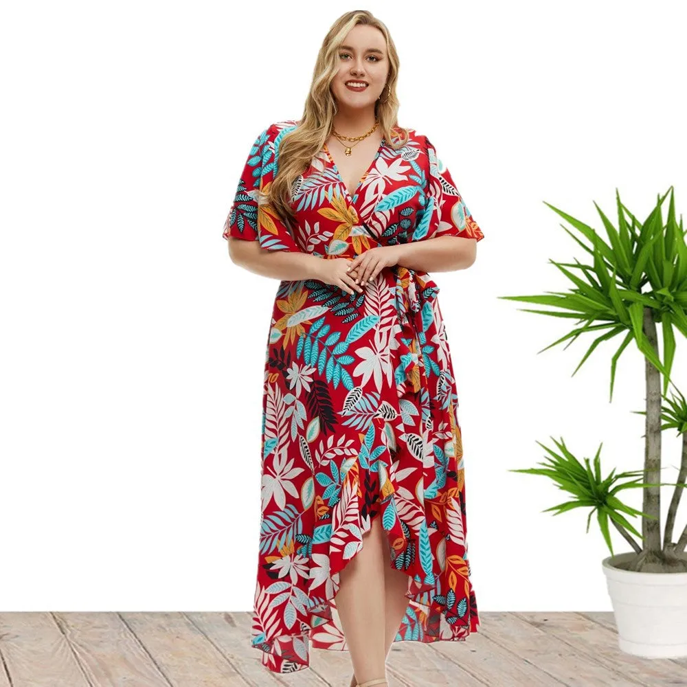 Plus Size Short Sleeve Printed Wrap Dress