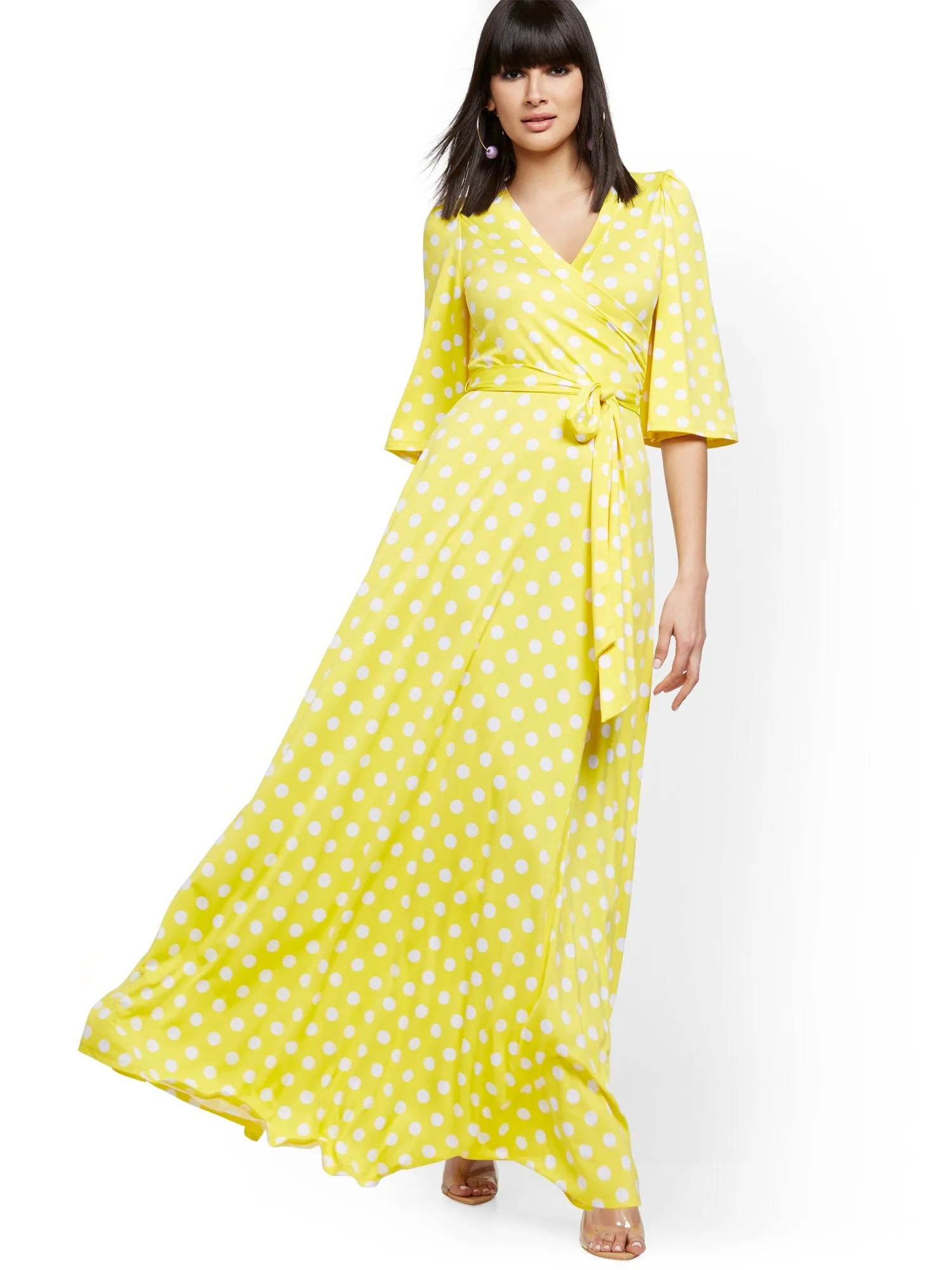 Polka-Dot Flutter-Sleeve Wrap Maxi Dress