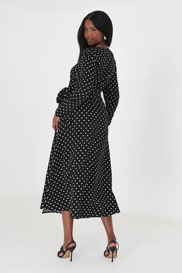 POLKA DOT LONG SLEEVED V-NECK MIDI DRESS