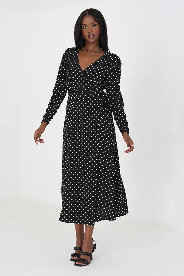 POLKA DOT LONG SLEEVED V-NECK MIDI DRESS