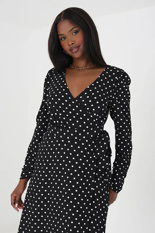 POLKA DOT LONG SLEEVED V-NECK MIDI DRESS