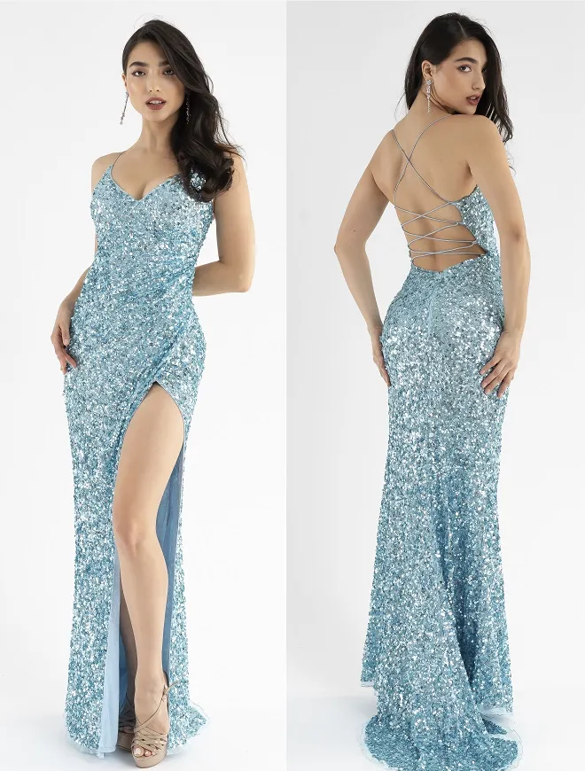 Primavera Couture 3791 Size 10 Bright Blue Prom Dress V Neckline Sequins Lace Up Tie Back Side Slit