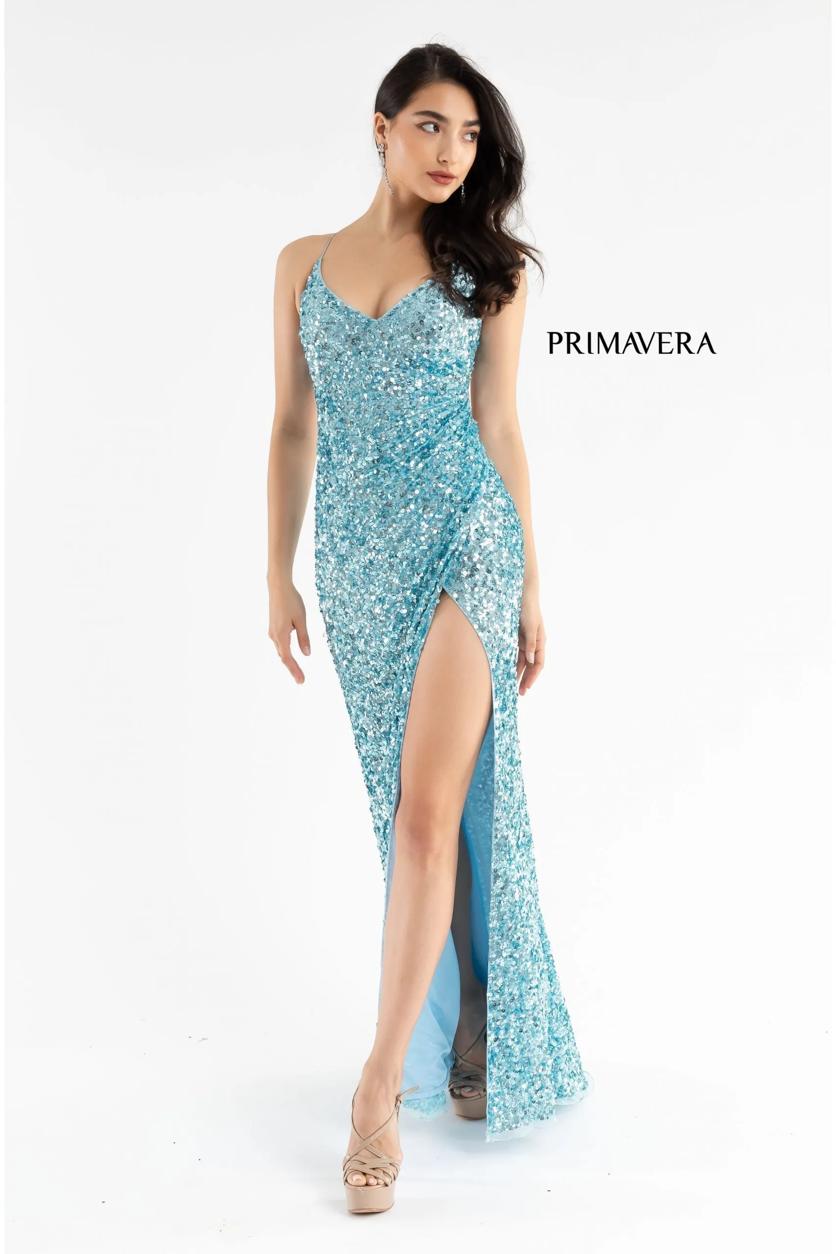 Primavera Couture 3791 Size 10 Bright Blue Prom Dress V Neckline Sequins Lace Up Tie Back Side Slit